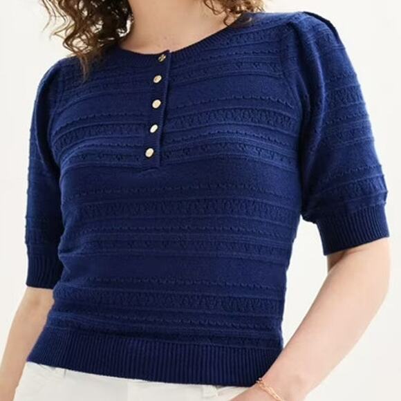 Draper James Annabelle Womens S Navy Blue Puff Sleeve Knitwear Preppy Coastal - Picture 1 of 14